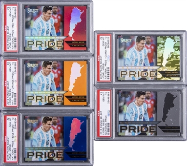 2015 Panini Select "National Pride" #2 Lionel Messi PSA Gem Mint 10 Graded Collection (5 Different Cards) - Including Orange, Red, Camo & Blue Prizms